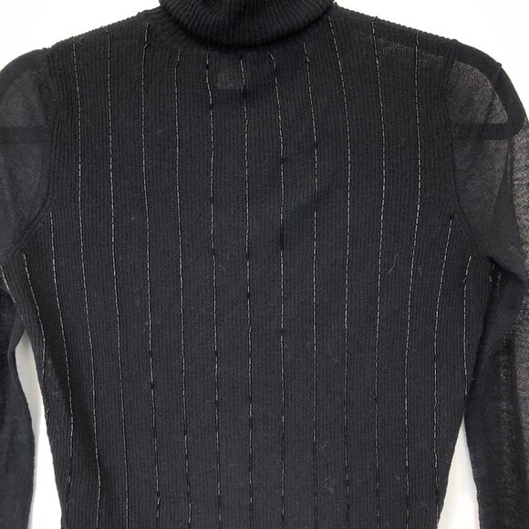 Magaschoni Black Ribbed Turtleneck Sweater Beaded Stripes Semi-Sheer Size S - Picture 4 of 9